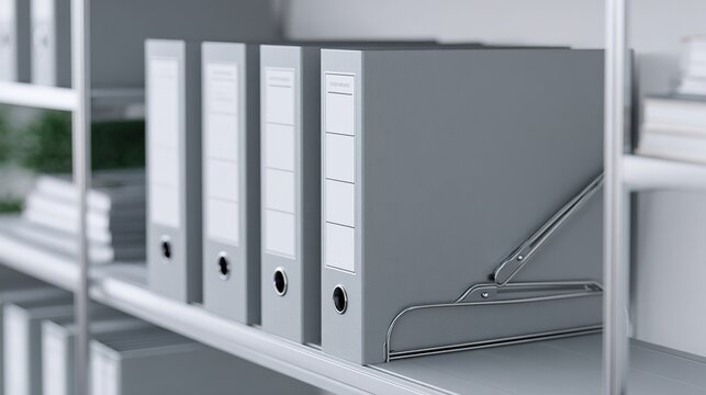 archive. Organized file folders on a sleek metal shelf, showcasing efficiency and modern office organization. pitch deck slides.
