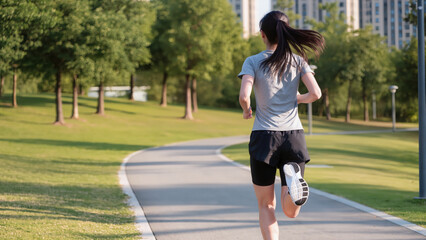 Fototapeta premium Morning Run in the Park Athlete Striding on Track Keeping the Pace Daily Cardio Workout Jogging Through the Greenery Dynamic Park Running Road to Fitness Clear Day Training Session Active Lifestyle