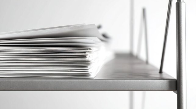 archive. Organized file folders on a sleek metal shelf, showcasing efficiency and modern office organization. pitch deck slides.
