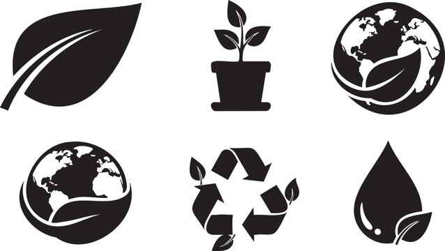 Set of black silhouette representing ecology and environmental msea set