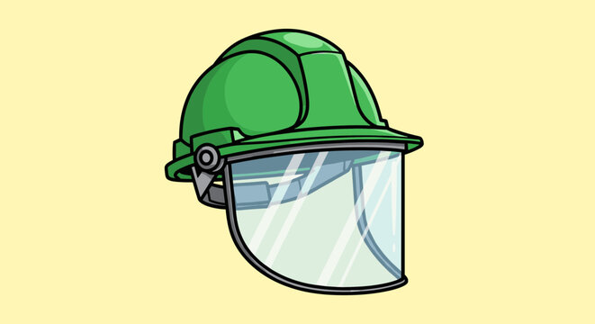 Green safety helmet, protective gear, hard hat, face shield