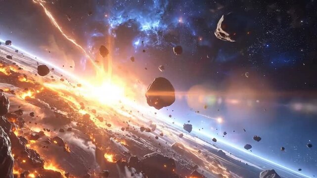 An epic space scene with asteroids, explosions and a bright, distant star system