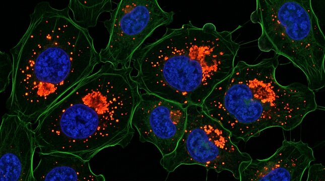 Microscopic view of cells showing nuclei, cytoplasm, and lipid droplets stained with fluorescent markers.