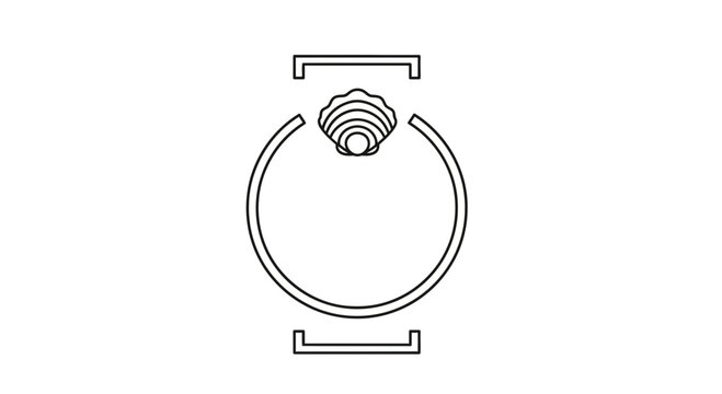 Minimalist line art icon of a seashell within a circular frame and brackets
