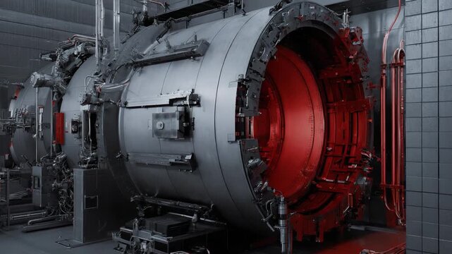 Large metal industrial production machine featuring a glowing red interior, symbolizing high technology, precision manufacturing, and scientific innovation within a modern factory environment