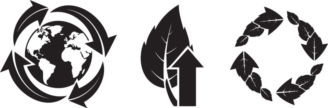 Three black sustainability earth globe and leaf recycling symbols msea set
