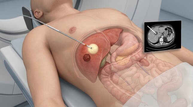 Minimally invasive liver tumor ablation procedure guided by CT scan imaging