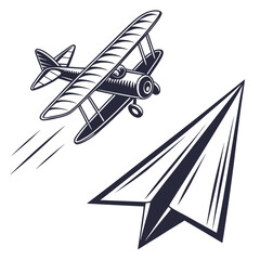 Vintage biplane flying with a paper airplane representing aspiration graphic © Forida