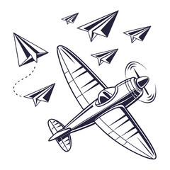 Vintage biplane and paper airplanes illustration with dotted flight path © Forida
