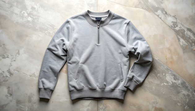 Casual gray pullover sweatshirt with a quarter zip neck and front pockets laid flat on a mottled stone surface for fashion advertising