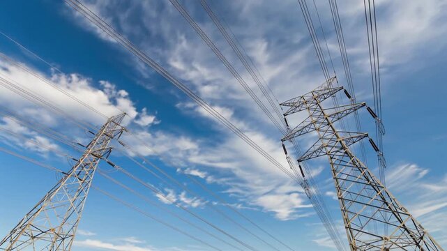 Timelapse of two high-voltage electricity pylons with power lines stretching across a bright blue sky with scattered clouds