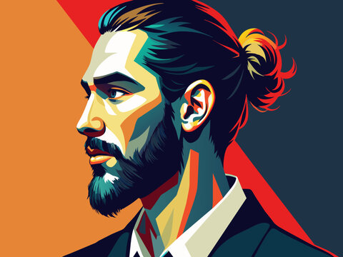 Pop art vector portrait of a bearded man with a top knot hairstyle in profile view.