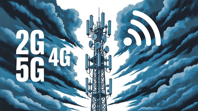 Wireless communication tower with 2g 4g and 5g network technology under dramatic cloudy sky