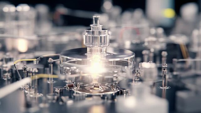 Complex quantum computer with glowing energy components and intricate glass structures representing advanced technology, innovation, and computing in the future