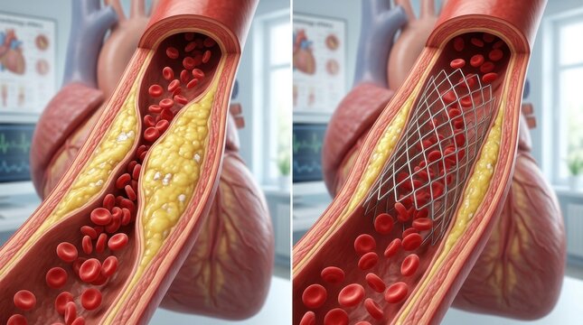 Detailed illustration of coronary artery blockage and stenting procedure