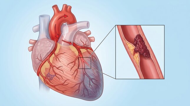 Illustration of a heart showing a blocked coronary artery with a blood clot and plaque buildup