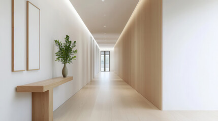 Fototapeta premium Minimalist hallway featuring white walls, wooden accents, and decorative plant creates serene atmosphere