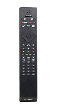 Philips smart TV remote control isolated on white background.
