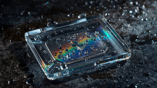 Futuristic Rectangular Glass Component with Water Droplets and Colorful Light Refraction on Dark Industrial Surface