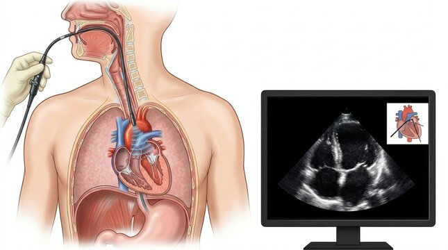 Transesophageal echocardiogram procedure showing heart ultrasound imaging on screen