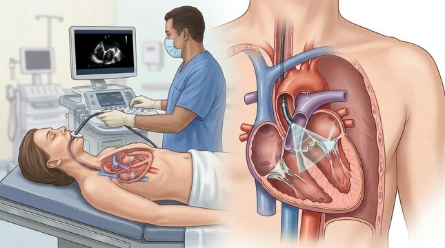 Doctor performs transesophageal echocardiogram to examine heart valves and chambers