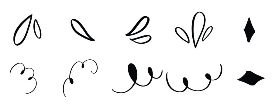 Sketch underline, emphasis, arrow shape set. Hand drawn brush stroke, highlight. Doodle radial line rays. Hand drawn round corner shine. Sunburst sparkle element, vector illustration.