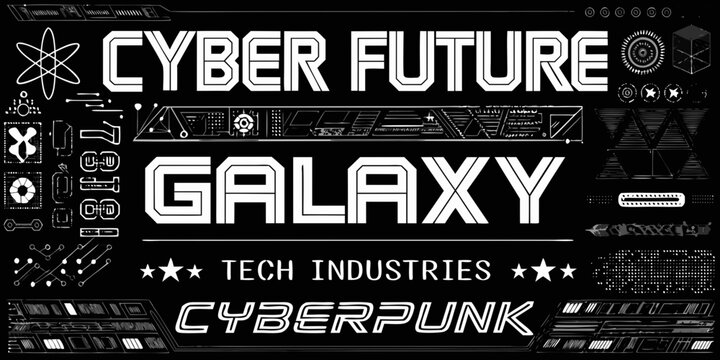 Cyberpunk and futuristic graphic elements with text on a black background