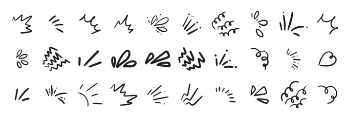 Doodle line sparkle vector set, comic style decorative lines. Hand drawn line art bursts with surprise rays and sparkles starburst icons shine bright. Surprise shapes for comic, vector illustration. © Rubab