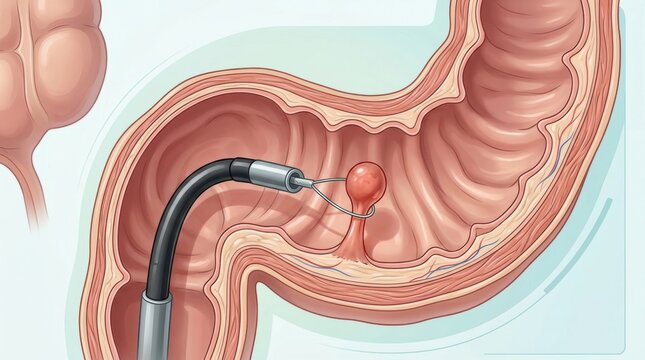 Colonoscopy procedure removing a polyp with a snare device inside the large intestine