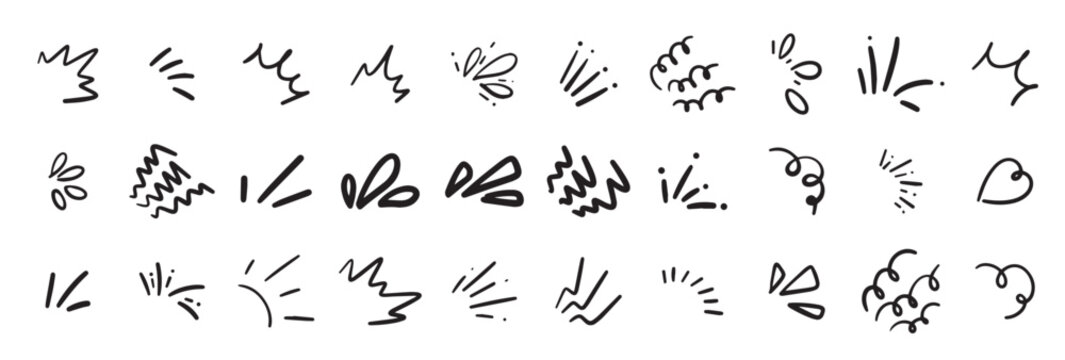 Doodle line sparkle vector set, comic style decorative lines. Hand drawn line art bursts with surprise rays and sparkles starburst icons shine bright. Surprise shapes for comic, vector illustration.