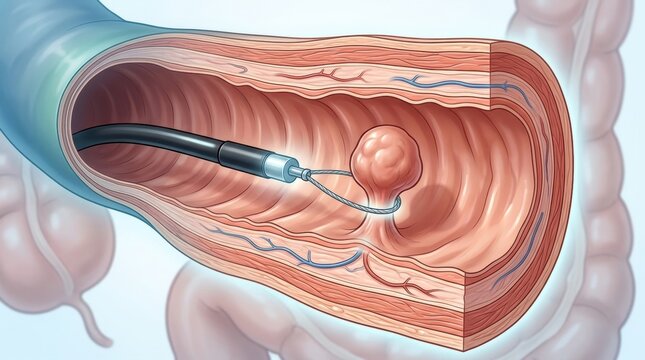 Colonoscopy procedure removing a polyp with a snare wire and endoscope