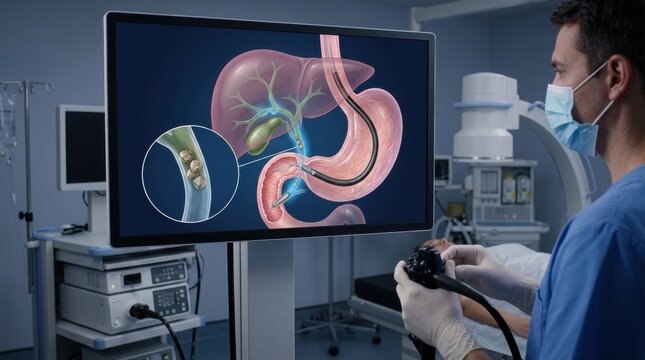 Doctor performing endoscopic retrograde cholangiopancreatography for gallstones