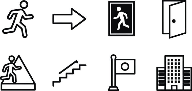 Six emergency exit and building navigation icons in black vector