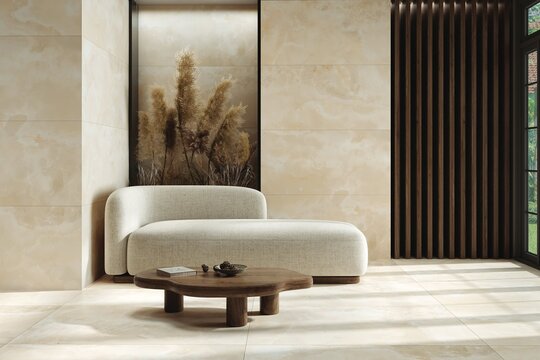Minimal family room interior with quartz decor surfaces on wall and floor, large-format flooring tiles, and balanced lighting atmosphere. Mockup. 3D Illustrations