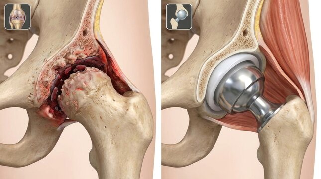 Comparison of a damaged hip joint before and after total hip replacement surgery