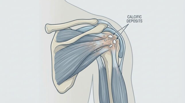 Illustration of calcific deposits within the shoulder joint and rotator cuff tendons