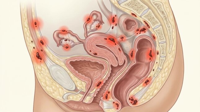 Anatomical illustration of the female reproductive system showing endometriosis lesions