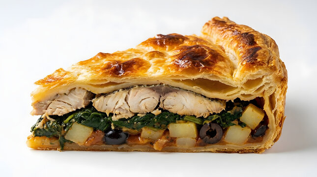Sliced Torta tal-Lampuki, a traditional Maltese fish pie with puff pastry, spinach, and olives, isolated on white background