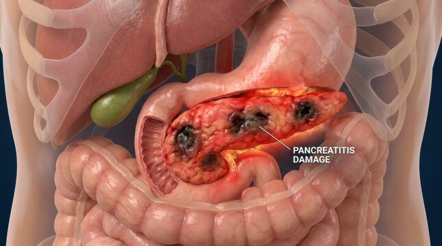 Medical illustration of severe pancreatitis damage to the pancreas and surrounding organs