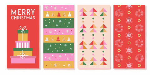 Four christmas card designs with festive patterns and greetings on a white background © Bebdas