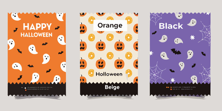 Four vertical halloween posters with ghosts and pumpkins colorful festive designs