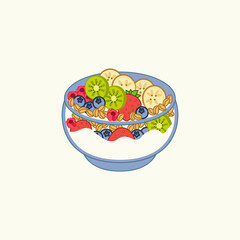 Yogurt bowl, granola, fresh strawberries, blueberries, banana and kiwi slices, organic superfood top view isolated vector illustration  © Ekaterina