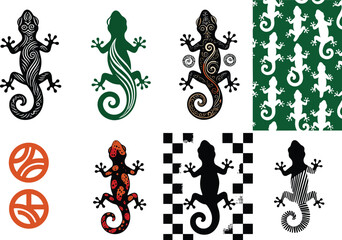 Naklejka premium Stylized Gecko Vector Collection with Tribal, Ornamental, and Patterned Designs