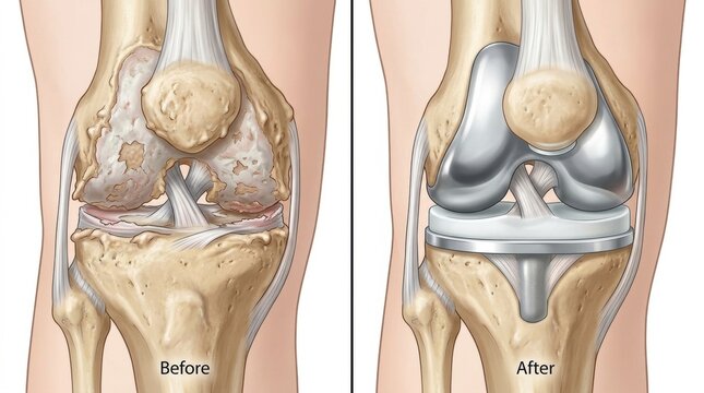 Comparison of a diseased knee joint before and after total knee replacement surgery