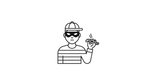 Burglar wearing mask and striped shirt holding stolen money, illustration