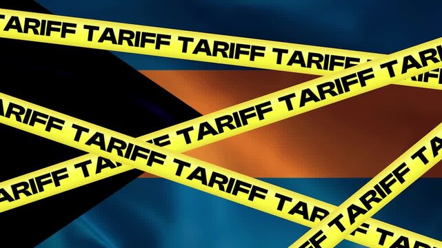 Trade Barriers: Yellow caution tape with TARIFF printed repeatedly stretches across the background of the Bahamian flag, symbolizing international trade restrictions and economic challenges.