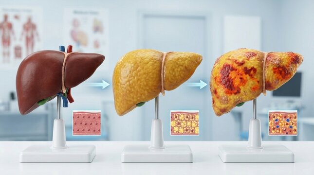 Progression of liver disease from healthy to fatty and damaged states