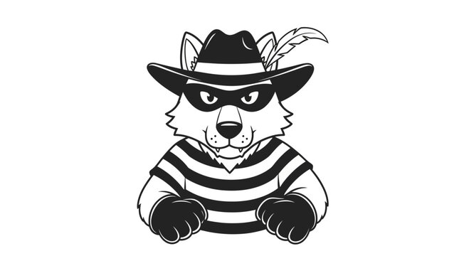 Cartoon Bandit Wolf Wearing Striped Shirt and Fedora Hat, Criminal Animal Character