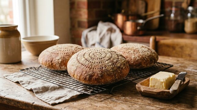 Pan amasado loaves on cooling rack with butter, rustic Chilean bread
