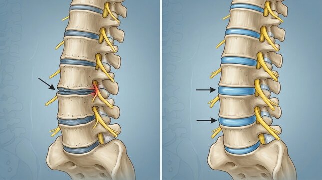 Illustration comparing a healthy spine with a degenerated spine showing disc issues